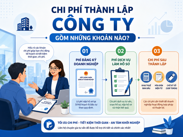 Chi phí thành lập công ty trọn gói bao nhiêu tiền và gồm phí đăng ký, phí dịch vụ, chữ ký số, hóa đơn điện tử