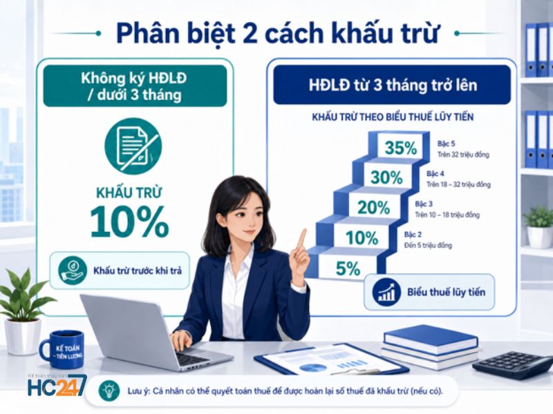 Phân biệt khấu trừ thuế 10% với khấu trừ theo biểu thuế lũy tiến từng phần