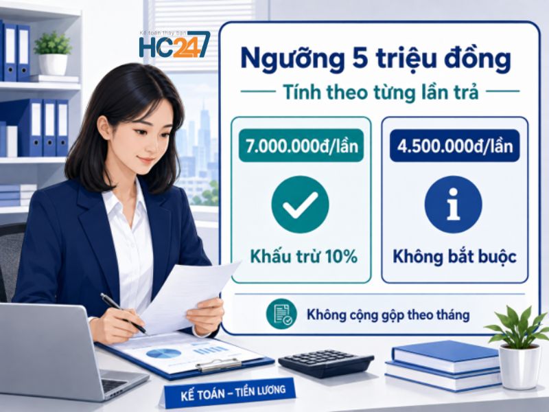 Ngưỡng 5 triệu đồng mỗi lần chi trả để áp dụng khấu trừ thuế TNCN 10%