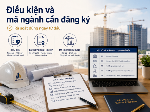 Điều kiện và mã ngành cần đăng ký khi thành lập công ty xây dựng