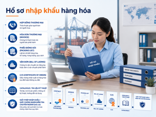 Hồ sơ thủ tục nhập khẩu hàng hóa gồm hợp đồng, hóa đơn, phiếu đóng gói, vận đơn và chứng nhận xuất xứ