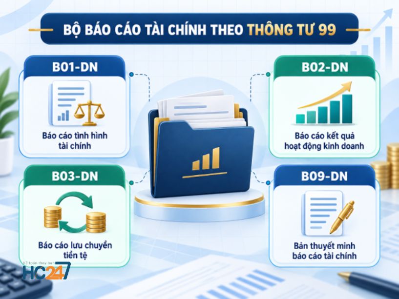 Bộ báo cáo gồm các mẫu B01-DN, B02-DN, B03-DN và B09-DN theo Thông tư 99