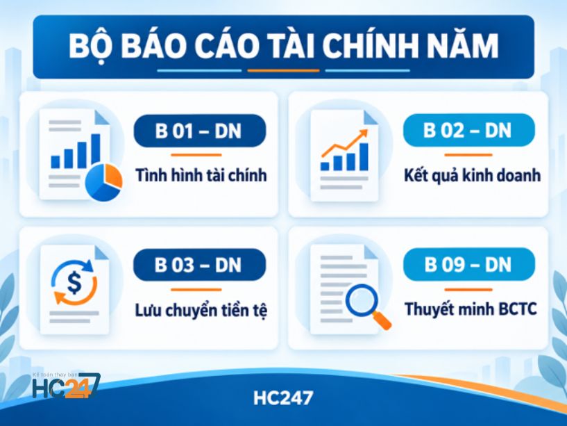 Bộ mẫu báo cáo tài chính theo Thông tư 99/2025 gồm B01-DN, B02-DN, B03-DN và B09-DN