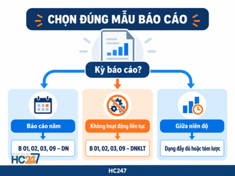 Sơ đồ lựa chọn mẫu báo cáo tài chính theo kỳ báo cáo và tình trạng hoạt động