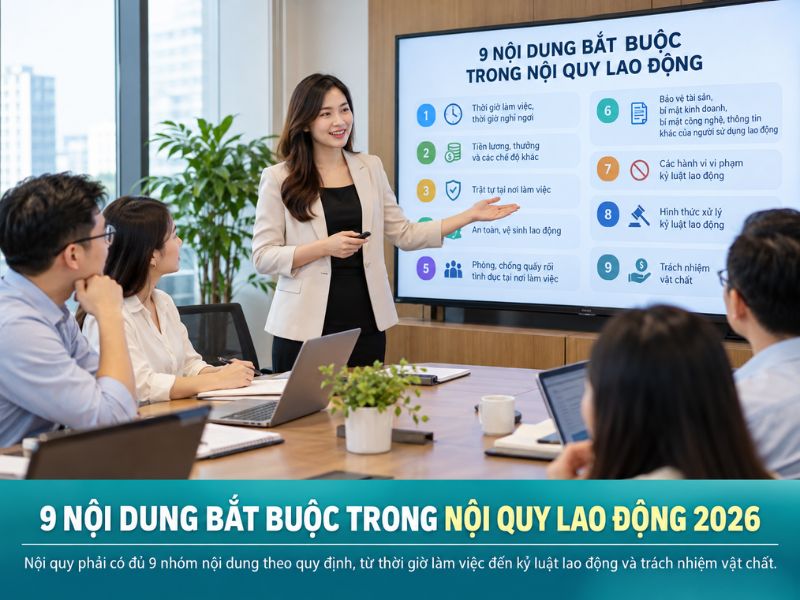 Hình ảnh thuyết trình 9 nội dung bắt buộc trong mẫu nội quy lao động mới nhất 2026