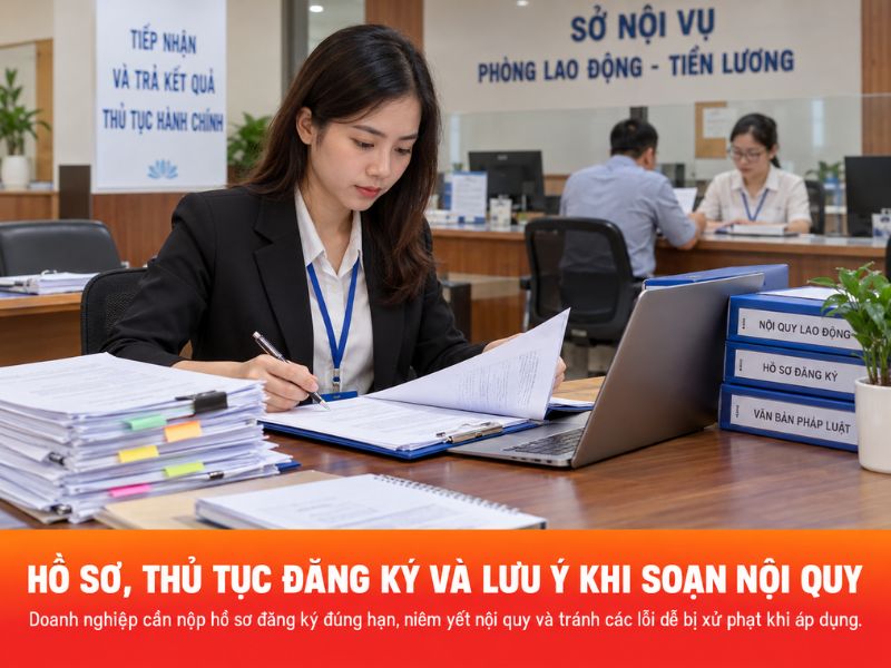 Mẫu nội quy lao động mới nhất 2026 đúng quy định đặt trên bàn làm việc cùng tài liệu pháp luật lao động