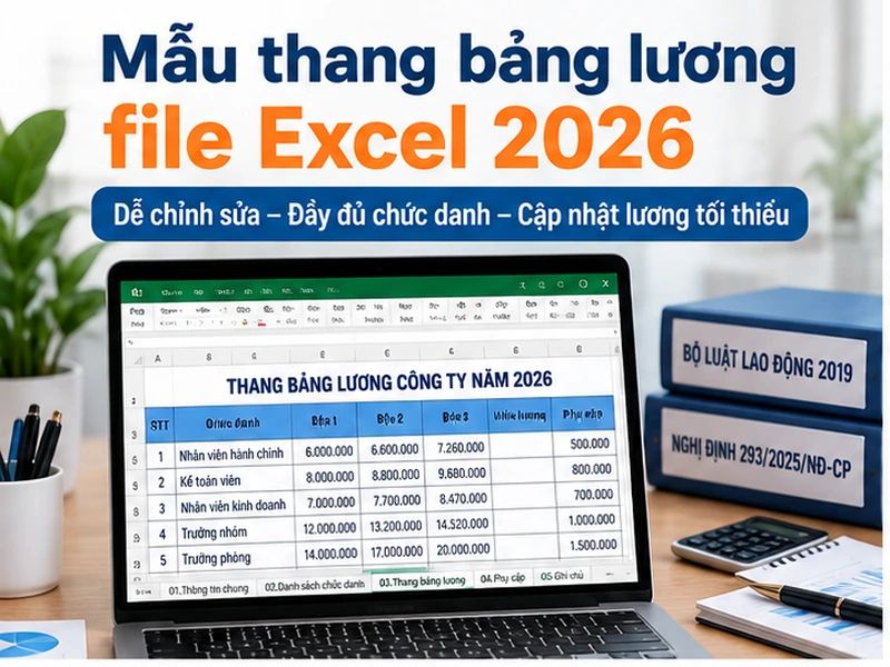 Mẫu thang bảng lương file Excel 2026 hiển thị các chức danh và bậc lương trên máy tính
