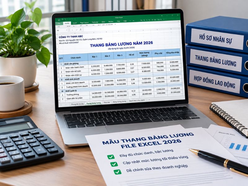 Cấu trúc mẫu thang bảng lương Excel gồm danh sách chức danh, các bậc lương và phụ cấp