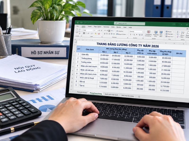 Nhân viên kế toán kiểm tra mức lương theo chức danh và bậc lương trong bảng Excel năm 2026