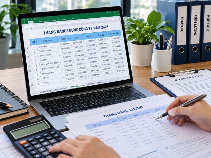 Kế toán đối chiếu mẫu thang bảng lương file Excel với hợp đồng lao động và hồ sơ tiền lương