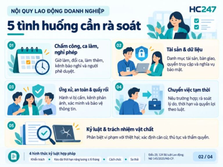 Infographic 5 tình huống cần rà soát trong nội quy lao động doanh nghiệp gồm chấm công, tài sản, an toàn, điều chuyển và kỷ luật