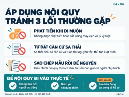 Ba lỗi thường gặp khi áp dụng nội quy lao động gồm phạt tiền khi đi muộn, tự đặt căn cứ sa thải và sao chép nội quy không phù hợp.