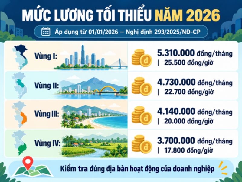 Bảng mức lương tối thiểu vùng I II III IV năm 2026 theo Nghị định 293/2025/NĐ-CP